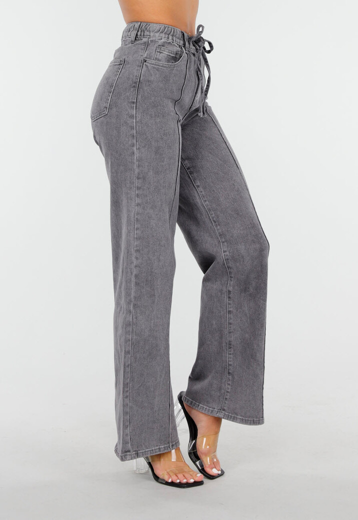 Grijze Wide Leg Jeans met Hoge Taille en Striksluiting