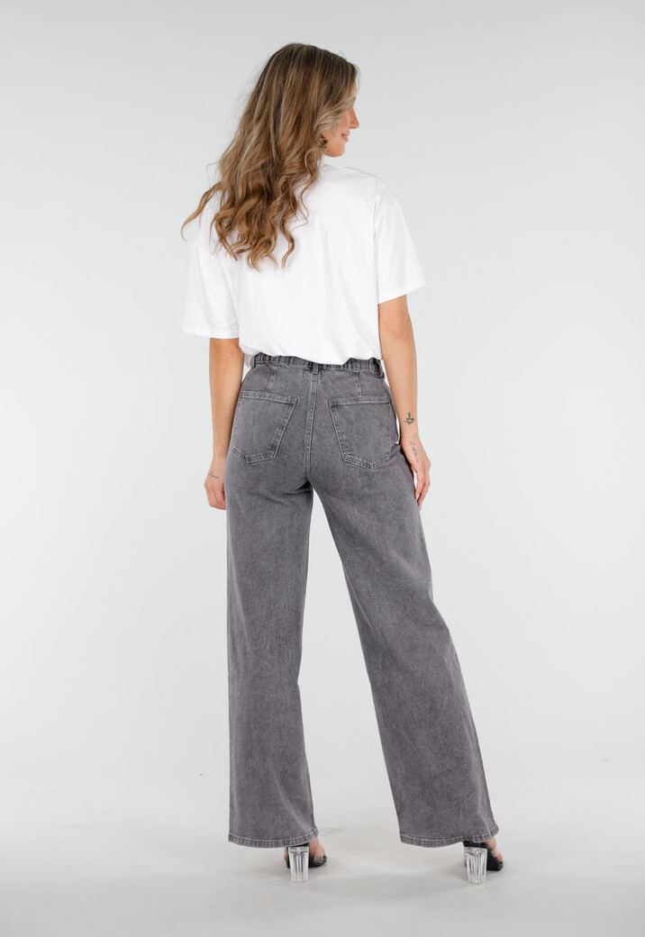 Grijze Wide Leg Jeans met Hoge Taille en Striksluiting