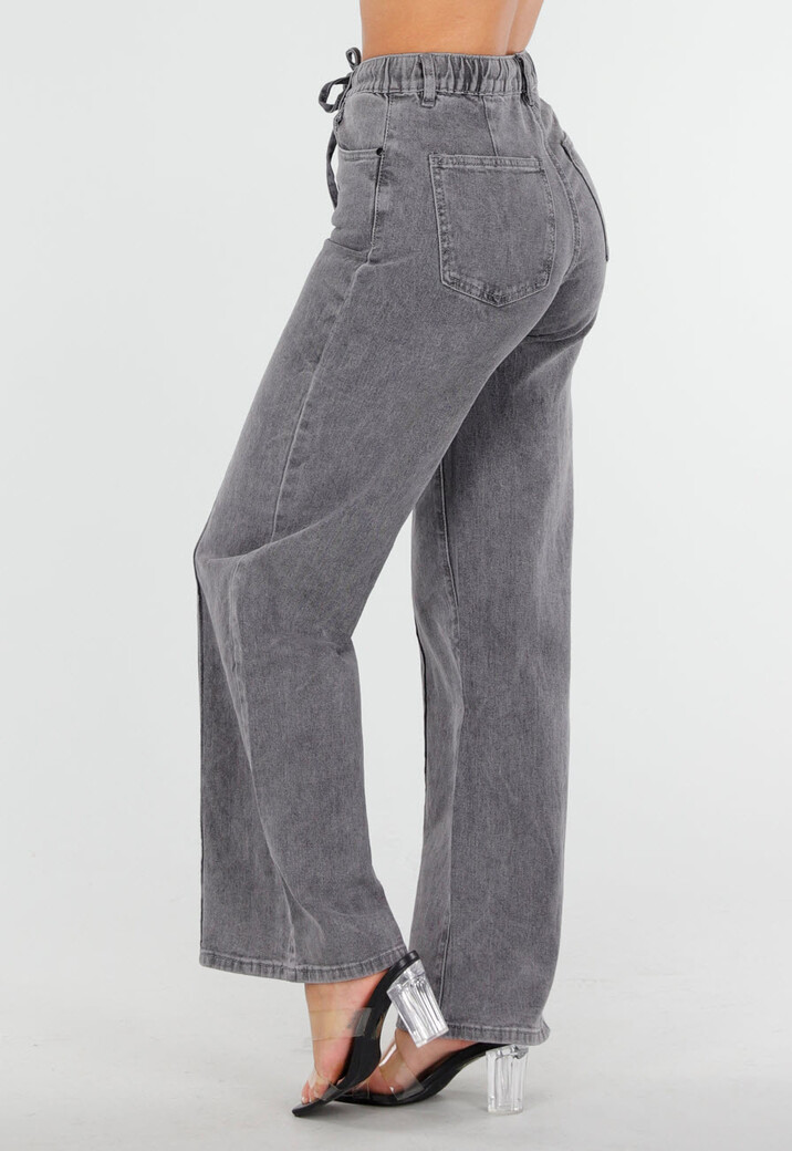 Grijze Wide Leg Jeans met Hoge Taille en Striksluiting