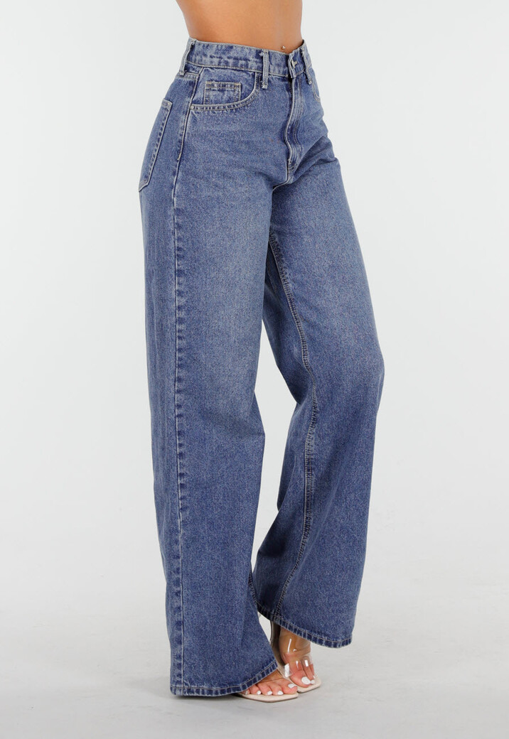 Donkerblauwe High Waist Wide Leg Jeans met Losse Pijpen