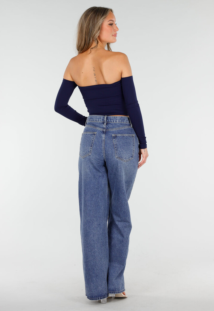 Donkerblauwe High Waist Wide Leg Jeans met Losse Pijpen