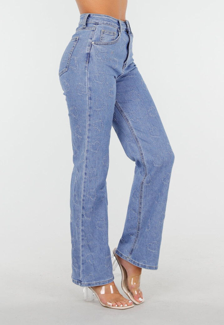 Lichtblauwe High Waist Jeans met Geruwde Hartjes