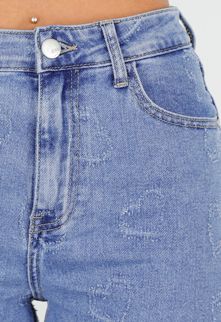 Lichtblauwe High Waist Jeans met Geruwde Hartjes