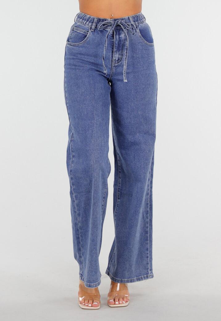 Blauwe Wide Leg Jeans met Elastische Taille en Strikkoord