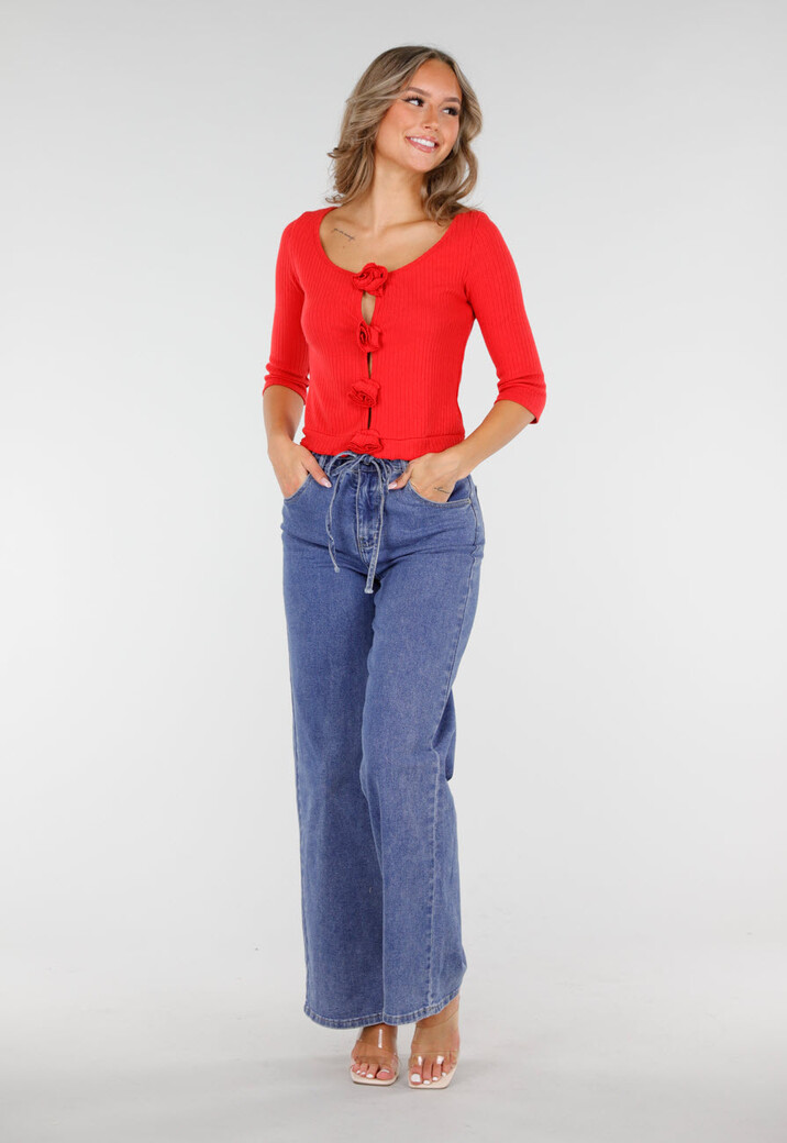 Blauwe Wide Leg Jeans met Elastische Taille en Strikkoord