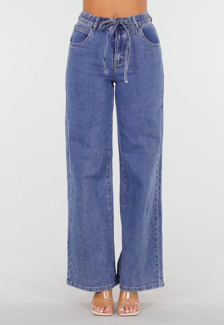 Blauwe Wide Leg Jeans met Elastische Taille en Strikkoord