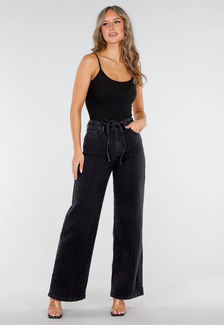 Zwarte Wide Leg Jeans met Striksluiting en Hoge Taille