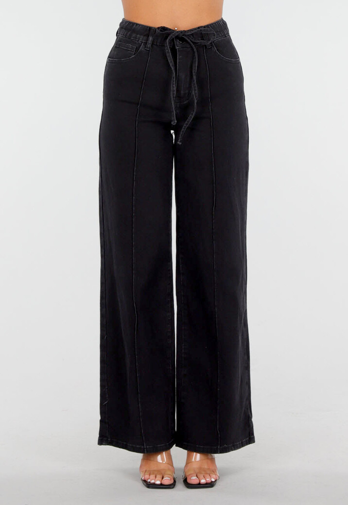 Zwarte Wide Leg Jeans met Striksluiting en Hoge Taille