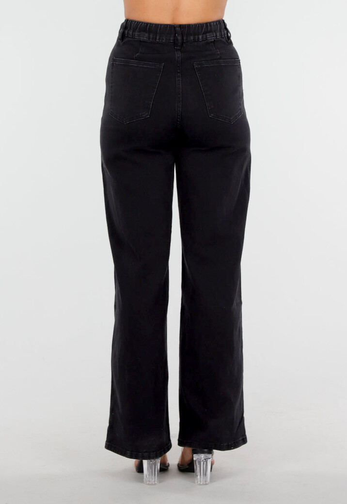 Zwarte Wide Leg Jeans met Striksluiting en Hoge Taille