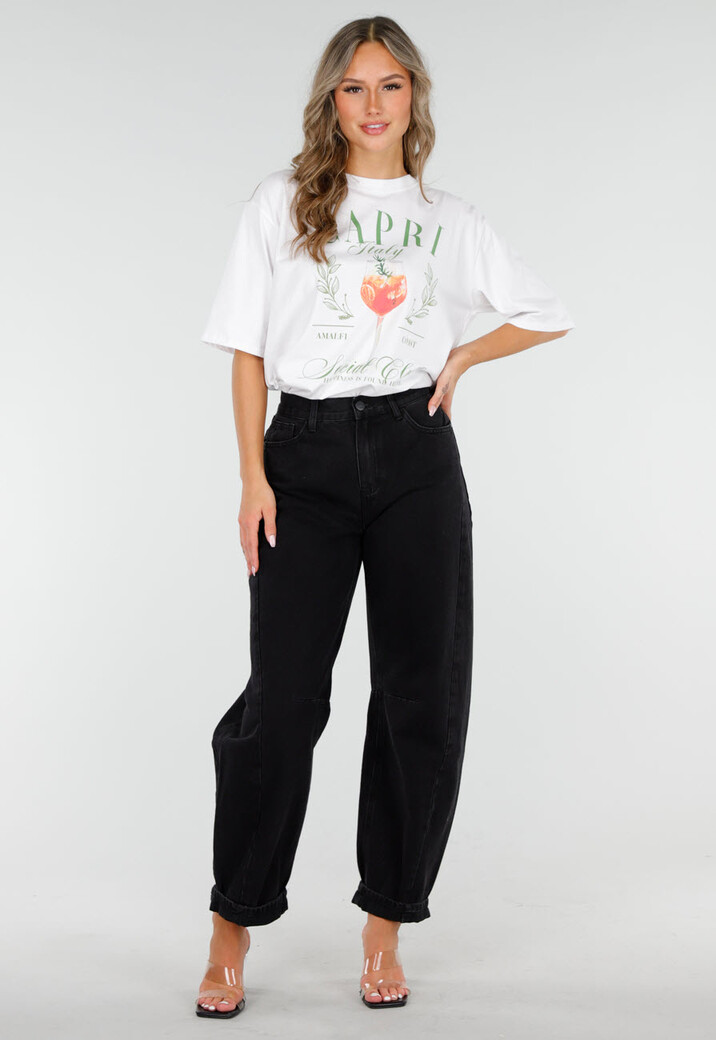 Zwarte High Waist Barrel Jeans met Omgeslagen Zoom