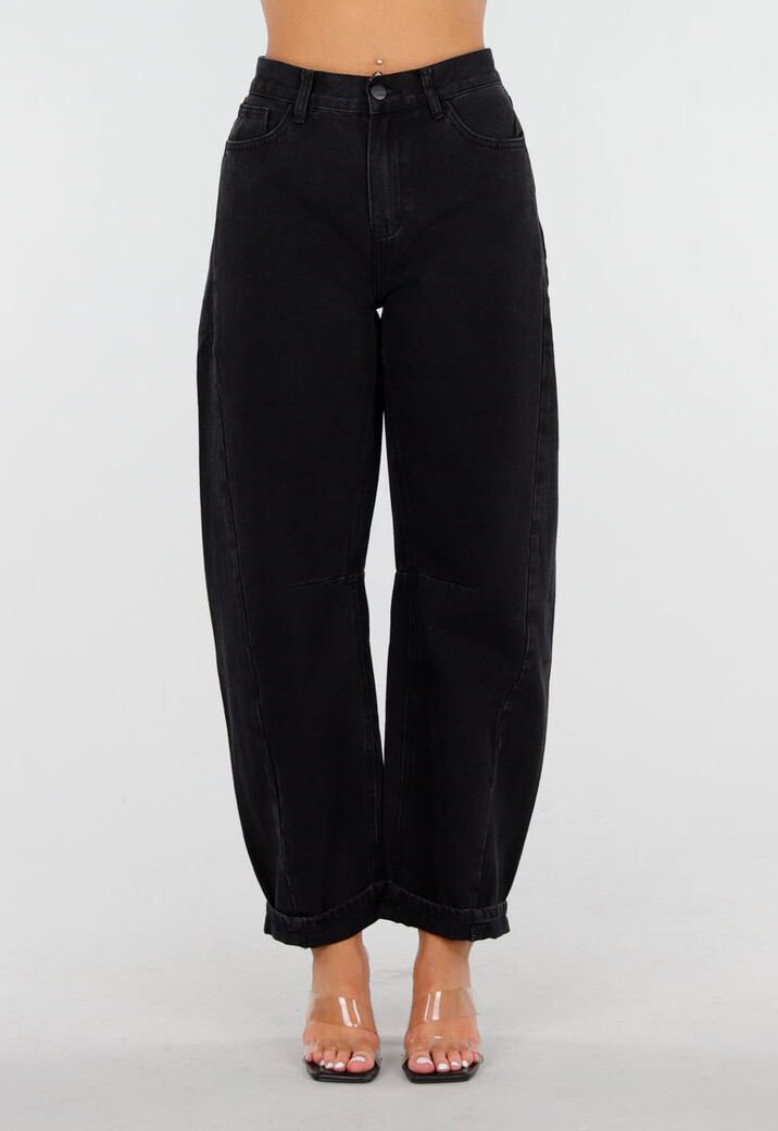 Zwarte High Waist Barrel Jeans met Omgeslagen Zoom
