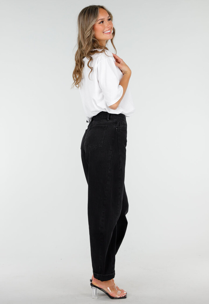 Zwarte High Waist Barrel Jeans met Omgeslagen Zoom