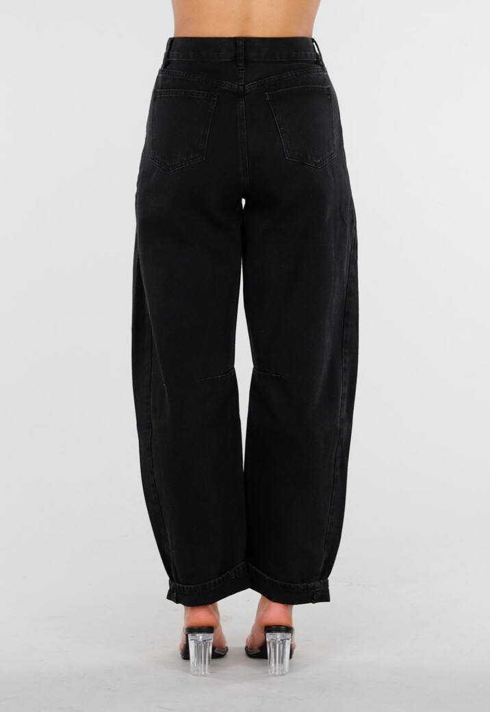 Zwarte High Waist Barrel Jeans met Omgeslagen Zoom