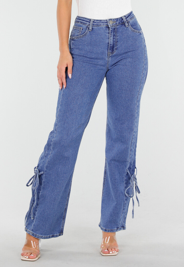 Blauwe High Waist Jeans met Strikdetail op de Pijpen