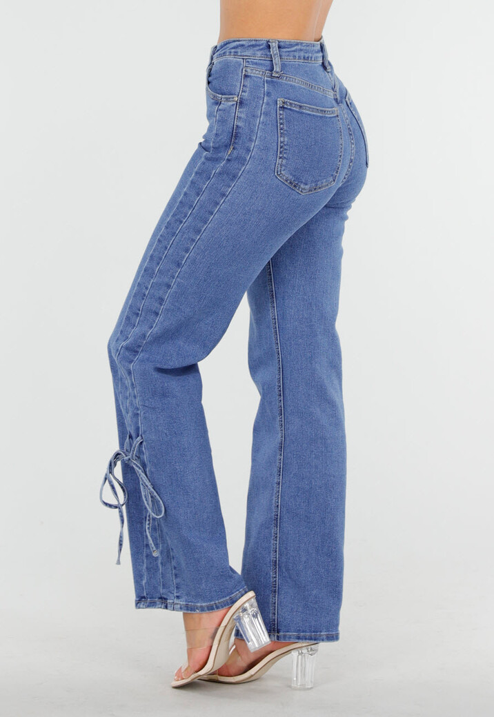 Blauwe High Waist Jeans met Strikdetail op de Pijpen