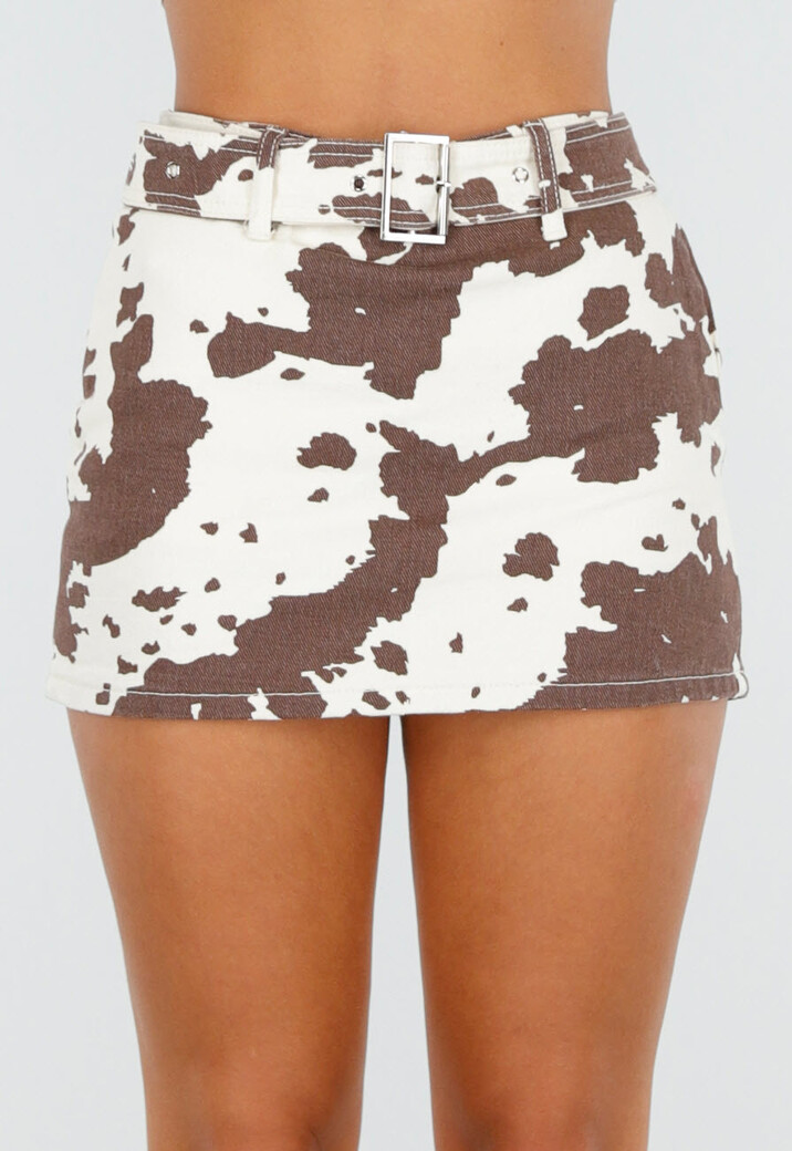 Wit-Bruine Cowprint Skort met Riem en Aangesloten Pasvorm