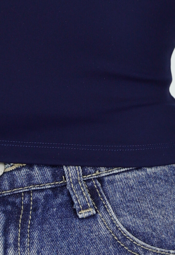 Donkerblauwe Off Shoulder Crop Top met Lange Mouwen