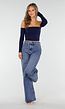 Donkerblauwe Off Shoulder Crop Top met Lange Mouwen