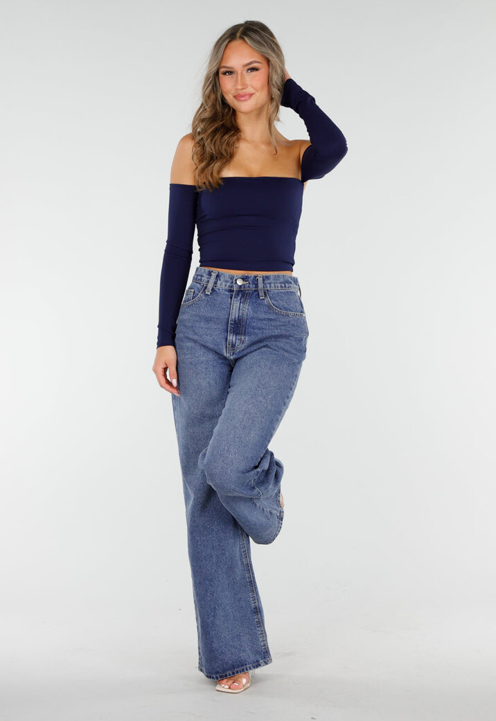 Donkerblauwe Off Shoulder Crop Top met Lange Mouwen