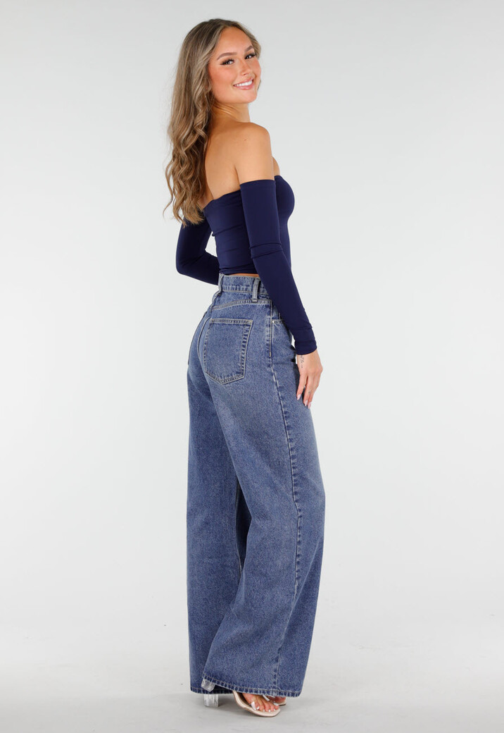 Donkerblauwe Off Shoulder Crop Top met Lange Mouwen