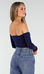 Donkerblauwe Off Shoulder Crop Top met Lange Mouwen