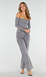 Grijze Off Shoulder Crop Top met Lange Mouwen