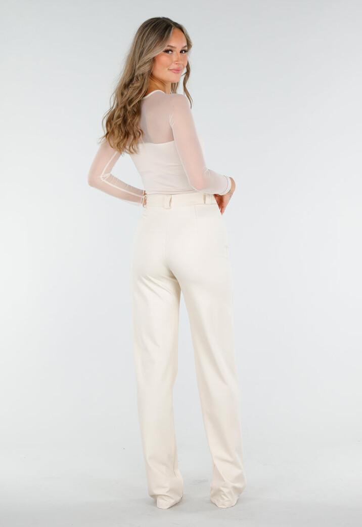 Beige Mesh Top met Lange Mouwen en Pads