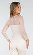 Beige Mesh Top met Lange Mouwen en Pads