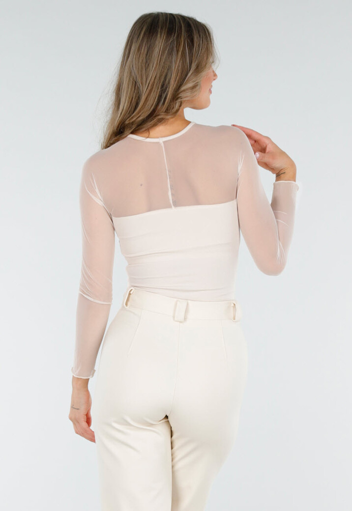 Beige Mesh Top met Lange Mouwen en Pads
