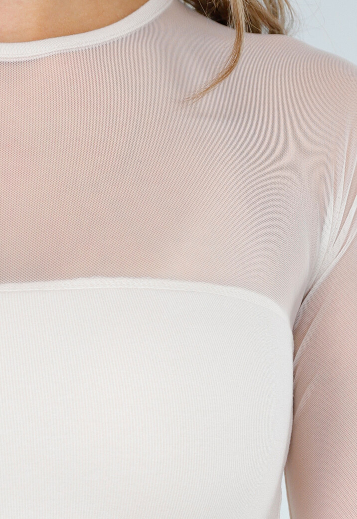 Beige Mesh Top met Lange Mouwen en Pads