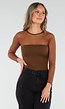 Bruine Mesh Top met Lange Mouwen en Ingebouwde Pads