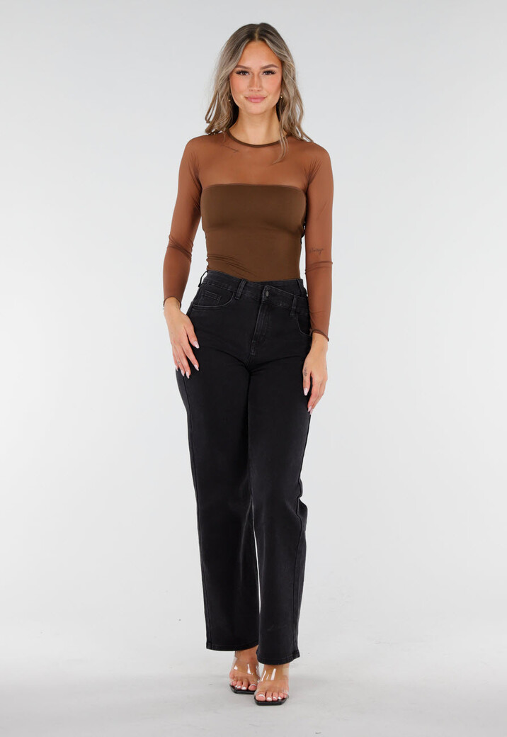 Bruine Mesh Top met Lange Mouwen en Ingebouwde Pads