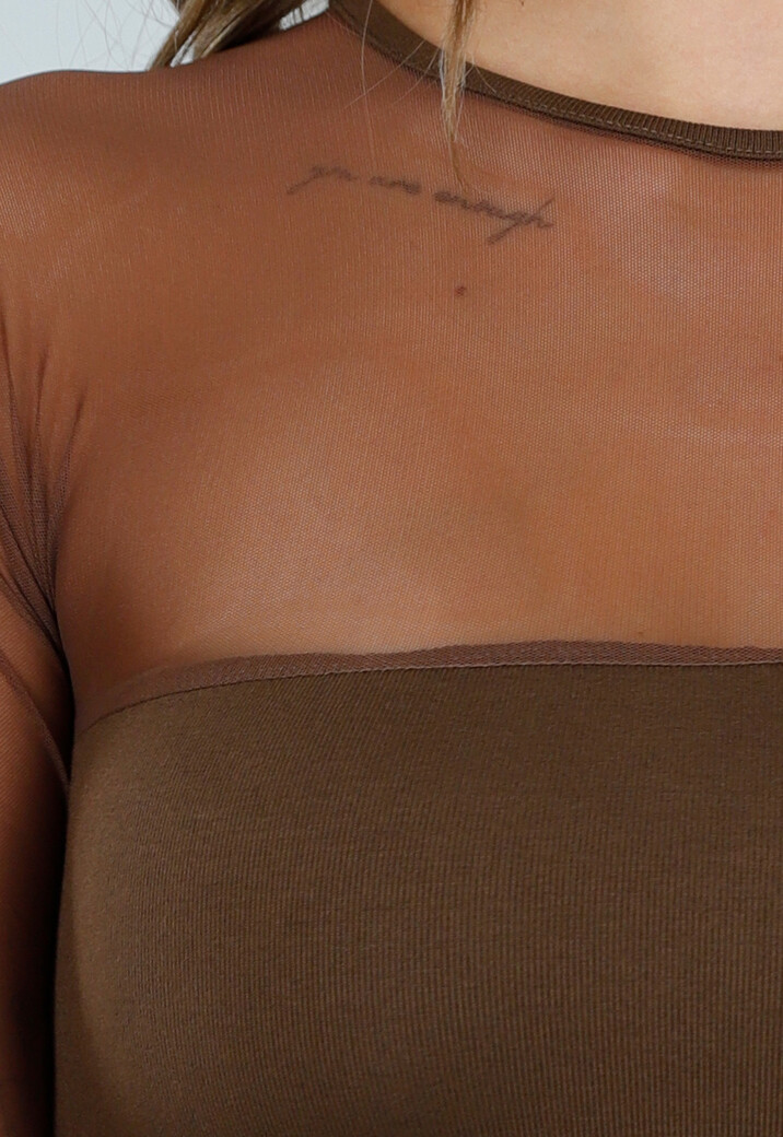 Bruine Mesh Top met Lange Mouwen en Ingebouwde Pads