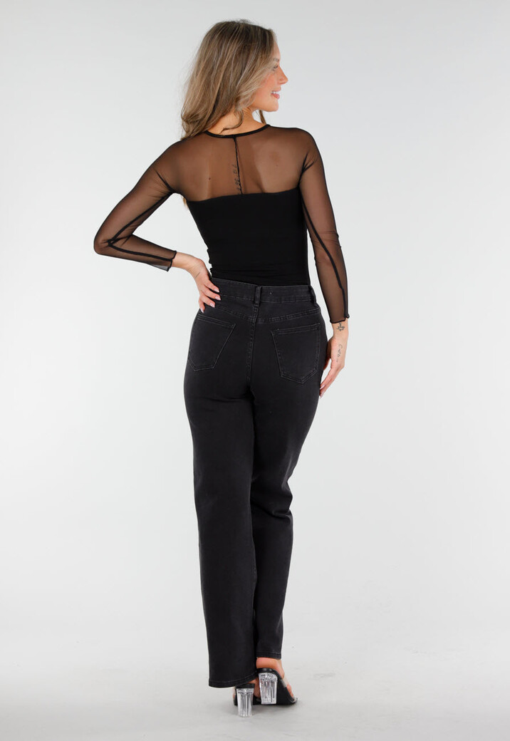 Zwarte Mesh Top met Lange Mouwen en Ingebouwde Pads