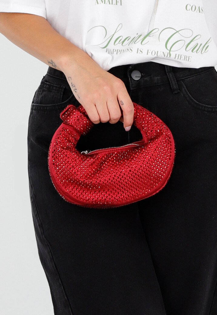 Rode Mini Handtas met Strass Steentjes en Ronde Vorm
