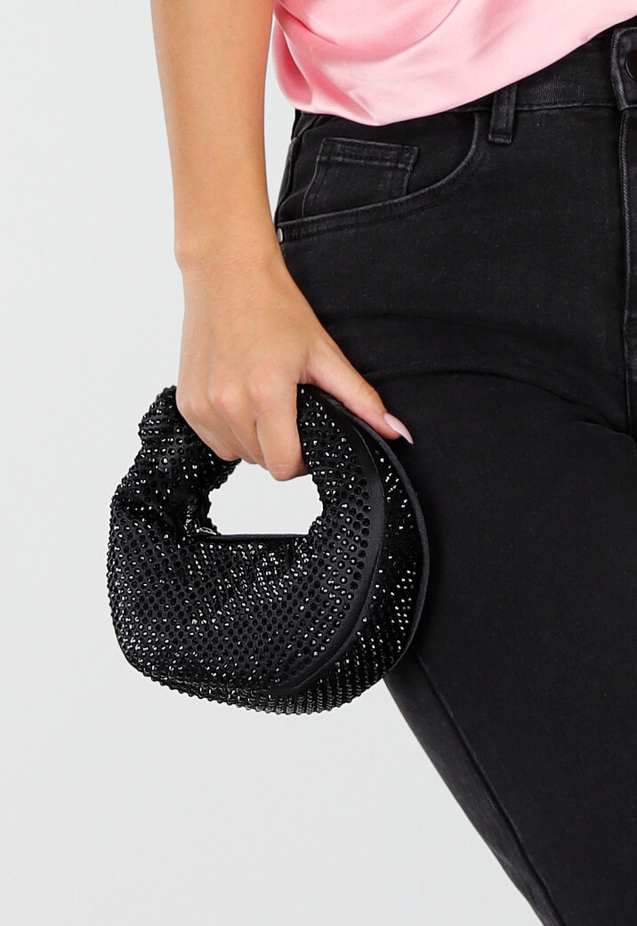 Zwarte Mini Handtas met Strass Steentjes en Ronde Vorm