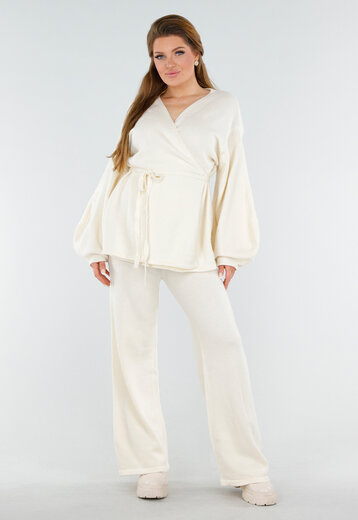 Crème Gebreide Set Wijde Broek