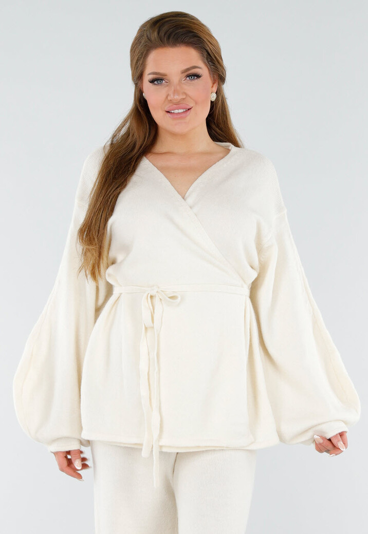 Crème Gebreide Set met Overslag Top en Wijde Broek