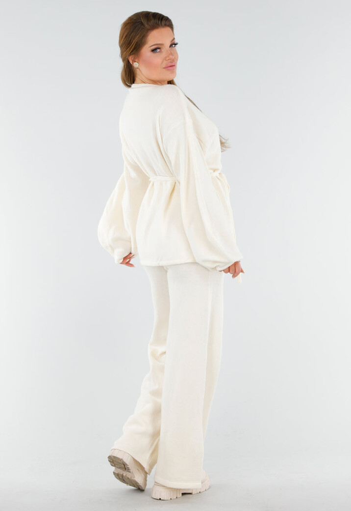Crème Gebreide Set met Overslag Top en Wijde Broek