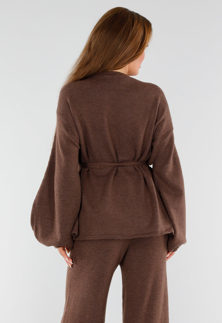 Bruine Gebreide Set met Overslag Top en Wijde Broek