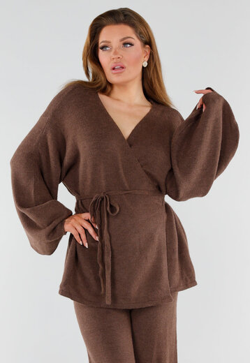 Bruine Gebreide Set Wijde Broek
