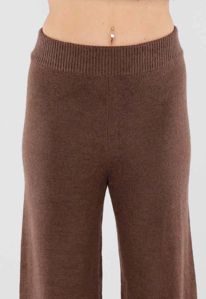 Bruine Gebreide Set met Overslag Top en Wijde Broek