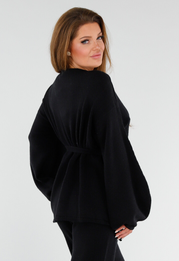 Zwarte Gebreide Set met Overslag Top en Wijde Broek