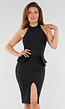 Zwarte Halter Midi Jurk met Peplum Detail en Split