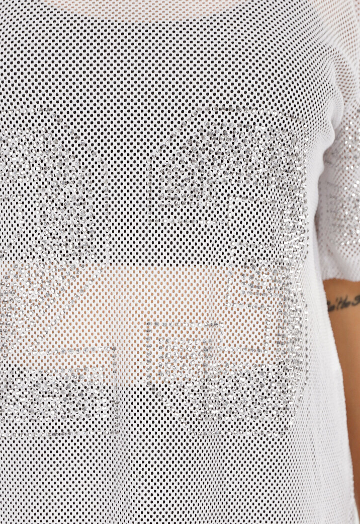 Witte Mesh T-Shirtjurk met Zilveren Glitters en Jerseyprint