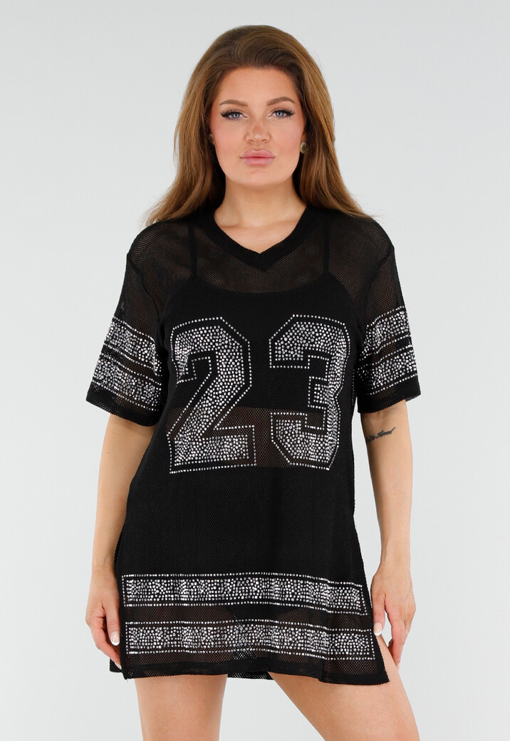 Zwarte Mesh T-Shirtjurk met Zilveren Glitters en Nummerprint