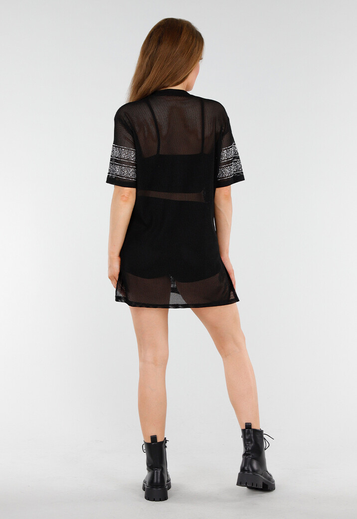 Zwarte Mesh T-Shirtjurk met Zilveren Glitters en Nummerprint