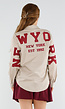 Beige Blouse met Rode NY Patchletters en Knoopsluiting
