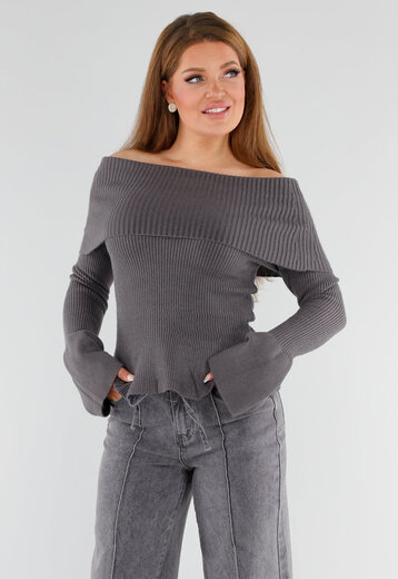 Grijze Off Shoulder Trui