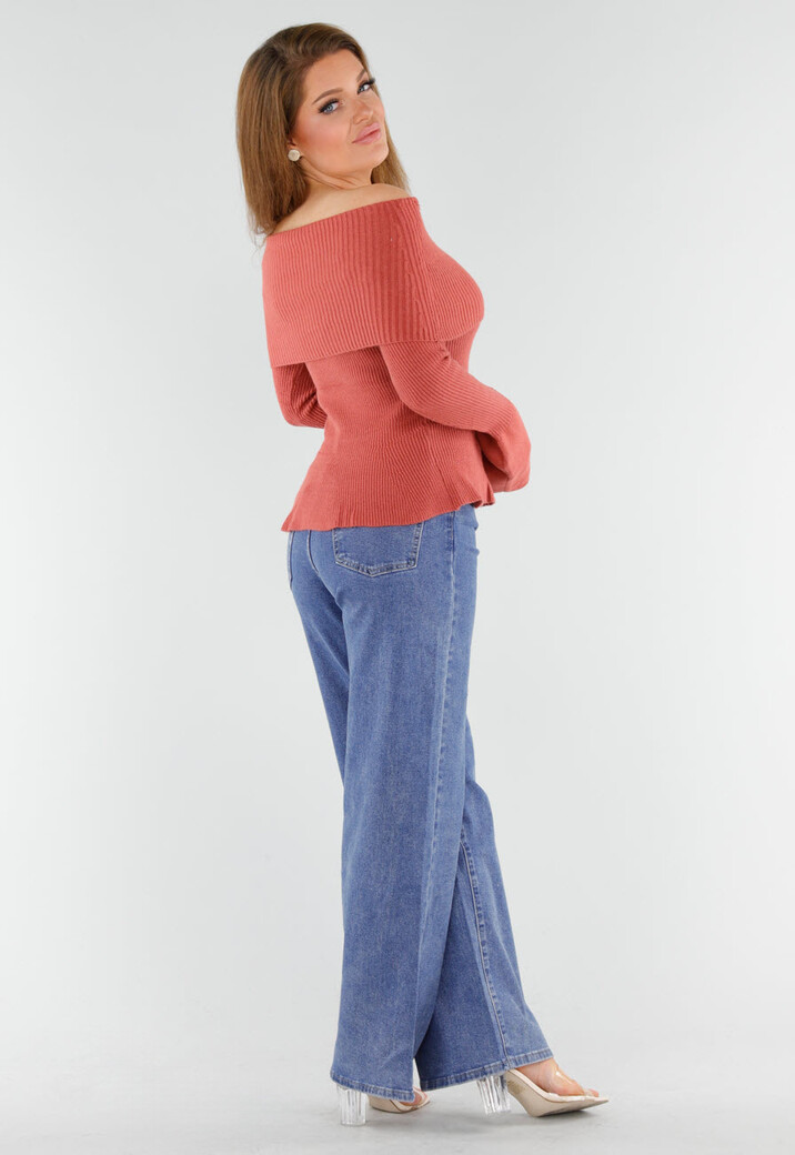 Terracotta Off Shoulder Gebreide Trui met Uitlopende Mouwen